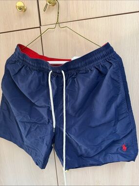Polo by Ralph Lauren Navy Swim Trunks with Red Logo and White Drawstring